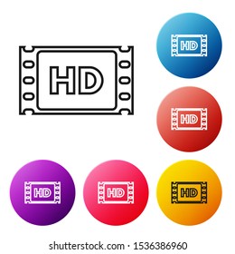 Black line 4k movie, tape, frame icon isolated on white background. Set icons colorful circle buttons. Vector Illustration