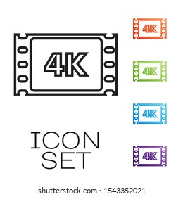 Black line 4k movie, tape, frame icon isolated on white background. Set icons colorful. Vector Illustration