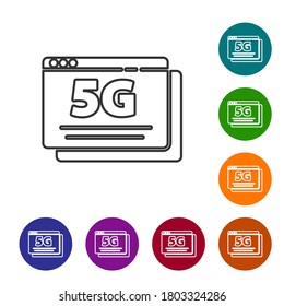 Línea negra 5G nuevo icono de conexión inalámbrica a internet inalámbrico aislado en fondo blanco. Tecnología de velocidad de datos de conexión de alta velocidad de red global. Establezca los iconos en los botones de círculo de color. Vector.