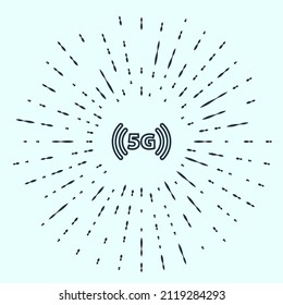 Black line 5G new wireless internet wifi connection icon isolated on grey background. Global network high speed connection data rate technology. Abstract circle random dots. Vector