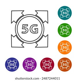Línea negra 5G nueva conexión inalámbrica a internet wifi icono aislado sobre fondo blanco. Tecnología de velocidad de datos de conexión de alta velocidad de red global. Establecer iconos en Botones de círculos de color. Vector