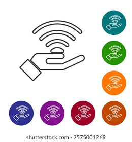 Black line 5G new wireless internet wifi connection icon isolated on white background. Global network high speed connection data rate technology. Set icons in color circle buttons. Vector