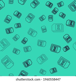 Black line 5G Sim Card icon isolated seamless pattern on green background. Mobile and wireless communication technologies. Network chip electronic connection. Vector