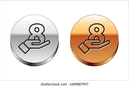 Black line 8 on hand icon isolated on white background. Silver-gold circle button. Vector Illustration