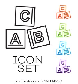 Black line ABC blocks icon isolated on white background. Alphabet cubes with letters A,B,C. Set icons colorful. Vector Illustration