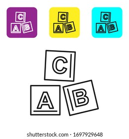 Black line ABC blocks icon isolated on white background. Alphabet cubes with letters A,B,C. Set icons colorful square buttons. Vector Illustration