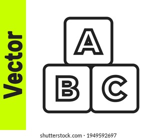 Die schwarze Linie ABC blockiert Symbol einzeln auf weißem Hintergrund. Alphabet-Würfel mit Buchstaben A, B, C, Vektorgrafik
