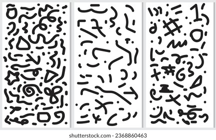 Black line abstract doodle seamless pattern shape set. Creative minimalist style art background