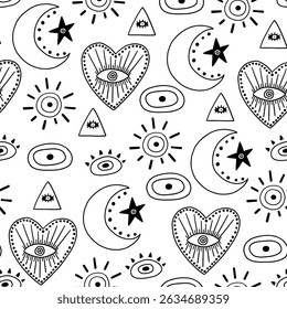 Black line abstract turkish evil eye seamless pattern. Greek magic astrology design. Vector background