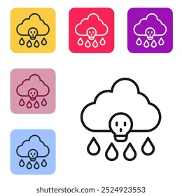 Línea negra Lluvia ácida e icono de nube radiactiva aislados sobre fondo blanco. Efectos de la contaminación atmosférica tóxica en el medio ambiente. Establezca los íconos en Botones cuadrados de color. Vector