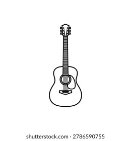 Black line of an acoustic guitar with strings and tuning pegs on white