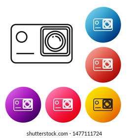 Black line Action extreme camera icon isolated on white background. Video camera equipment for filming extreme sports. Set icons colorful circle buttons. Vector Illustration Black line Action extreme camera icon isolated on white background. Video camera equipment for filming extreme sports. Set icons colorful circle buttons. Vector Illustration