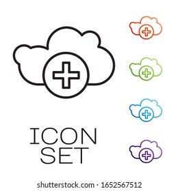Black line Add cloud icon isolated on white background. Data storage on the cloud. Set icons colorful. Vector Illustration