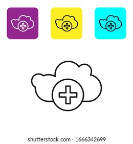 Black line Add cloud icon isolated on white background. Data storage on the cloud. Set icons colorful square buttons. Vector Illustration