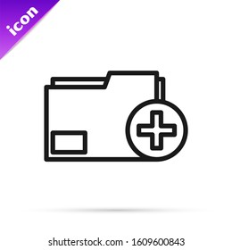 Black line Add new folder icon isolated on white background. New folder file. Copy document icon. Add attach create folder make new plus.  Vector Illustration