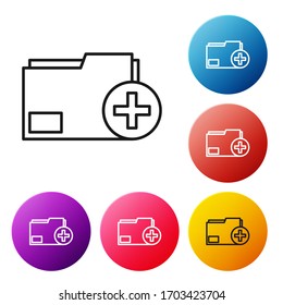 Black line Add new folder icon isolated on white background. New folder file. Copy document icon. Add attach create folder make new plus. Set icons colorful circle buttons. Vector Illustration