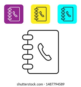Black line Address book icon isolated on white background. Notebook, address, contact, directory, phone, telephone book icon. Set icons colorful square buttons. Vector Illustration