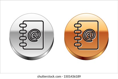 Black line Address book icon isolated on white background. Notebook, address, contact, directory, phone, telephone book icon. Silver-gold circle button. Vector Illustration