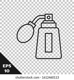 Black line Aftershave bottle with atomizer icon isolated on transparent background. Cologne spray icon. Male perfume bottle.  Vector Illustration