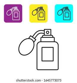 Línea negra Transshave frasco con icono del atomizador aislado en fondo blanco. Icono de spray en Colonia. Frasco de perfume masculino. Defina los iconos con los botones cuadrados coloridos.  Ilustración vectorial