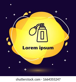 Black line Aftershave bottle with atomizer icon isolated on blue background. Cologne spray icon. Male perfume bottle. Abstract banner with liquid shapes. Vector Illustration