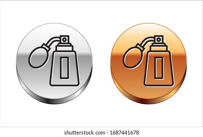 Black line Aftershave bottle with atomizer icon isolated on white background. Cologne spray icon. Male perfume bottle. Silver-gold circle button. Vector Illustration