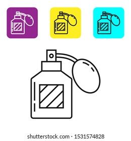 Black line Aftershave icon isolated on white background. Cologne spray icon. Male perfume bottle. Set icons colorful square buttons. Vector Illustration