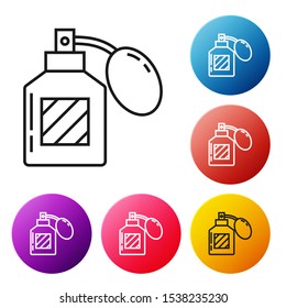 Black line Aftershave icon isolated on white background. Cologne spray icon. Male perfume bottle. Set icons colorful circle buttons. Vector Illustration
