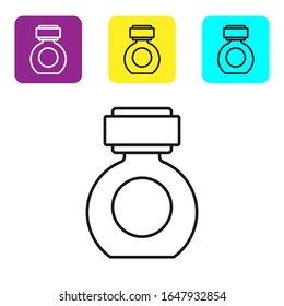 Black line Aftershave icon isolated on white background. Cologne spray icon. Male perfume bottle. Set icons colorful square buttons. Vector Illustration