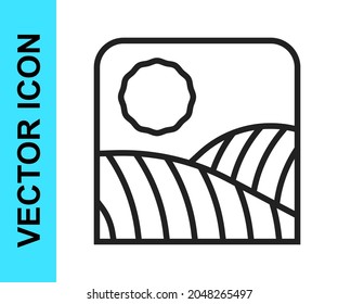 Black line Agriculture wheat field farm rural nature scene landscape icon isolated on white background.  Vector