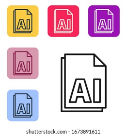 Black line AI file document. Download ai button icon isolated on white background. AI file symbol. Set icons in color square buttons. Vector Illustration