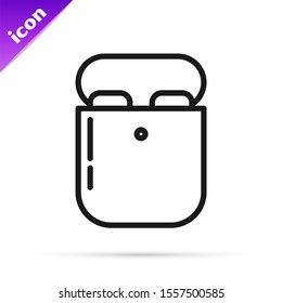 Black line Air headphones in box icon icon isolated on white background. Holder wireless in case earphones garniture electronic gadget.  Vector Illustration