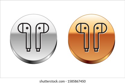 Black line Air headphones icon icon isolated on white background. Holder wireless in case earphones garniture electronic gadget. Silver-gold circle button. Vector Illustration