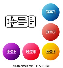 Black line Airline ticket icon isolated on white background. Plane ticket. Set icons colorful circle buttons. Vector Illustration