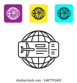 Black line Airline ticket icon isolated on white background. Plane ticket. Set icons colorful square buttons. Vector Illustration