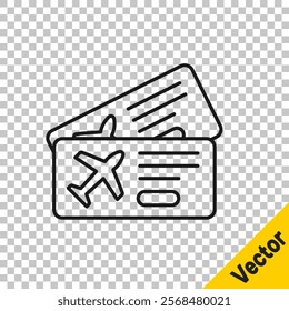 Black line Airline ticket icon isolated on transparent background. Plane ticket.  Vector