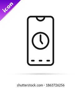 Black line Alarm clock app smartphone interface icon isolated on white background.  Vector