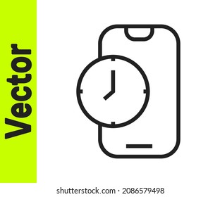 Black line Alarm clock app smartphone interface icon isolated on white background.  Vector