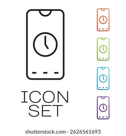 Línea negra App de despertador icono de interfaz de teléfono inteligente aislado sobre fondo blanco. Establecer iconos coloridos. Vector