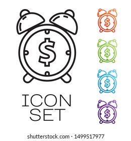 Black line Alarm clock with dollar symbol icon isolated on white background. Time is money. Effective time management. Business concept. Set icons colorful. Vector Illustration