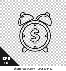 Black line Alarm clock with dollar symbol icon isolated on transparent background. Time is money. Effective time management. Business concept.  Vector Illustration