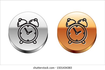 Black line Alarm clock icon isolated on white background. Wake up, get up concept. Time sign. Silver-gold circle button. Vector Illustration