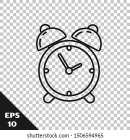Black line Alarm clock icon isolated on transparent background. Wake up, get up concept. Time sign.  Vector Illustration