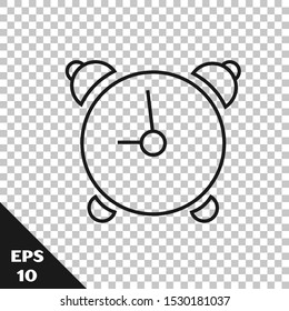 Black line Alarm clock icon isolated on transparent background. Wake up, get up concept. Time sign.  Vector Illustration