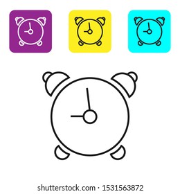 Black line Alarm clock icon isolated on white background. Wake up, get up concept. Time sign. Set icons colorful square buttons. Vector Illustration