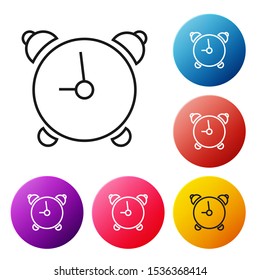 Black line Alarm clock icon isolated on white background. Wake up, get up concept. Time sign. Set icons colorful circle buttons. Vector Illustration