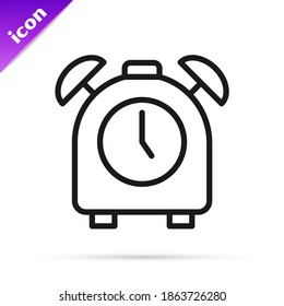 Black line Alarm clock icon isolated on white background. Wake up, get up concept. Time sign.  Vector