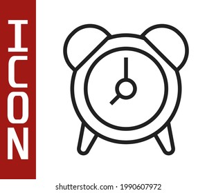 Icono de reloj de alarma de línea negra aislado en fondo blanco. Despierten, levanten el concepto. Signo de tiempo.  Vector