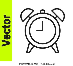 Icono de reloj de alarma de línea negra aislado en fondo blanco. Despierten, levanten el concepto. Signo de tiempo.  Vector