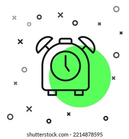 Icono de reloj de alarma de línea negra aislado en fondo blanco. Despierten, levanten el concepto. Signo de tiempo.  Vector